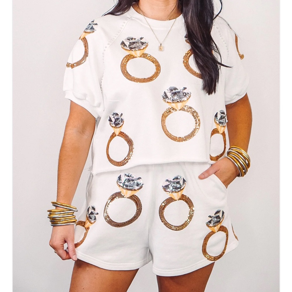 QUEEN OF SPARKLES Bride To Be Bachelorette Engagement Ring Bling Shorts Set